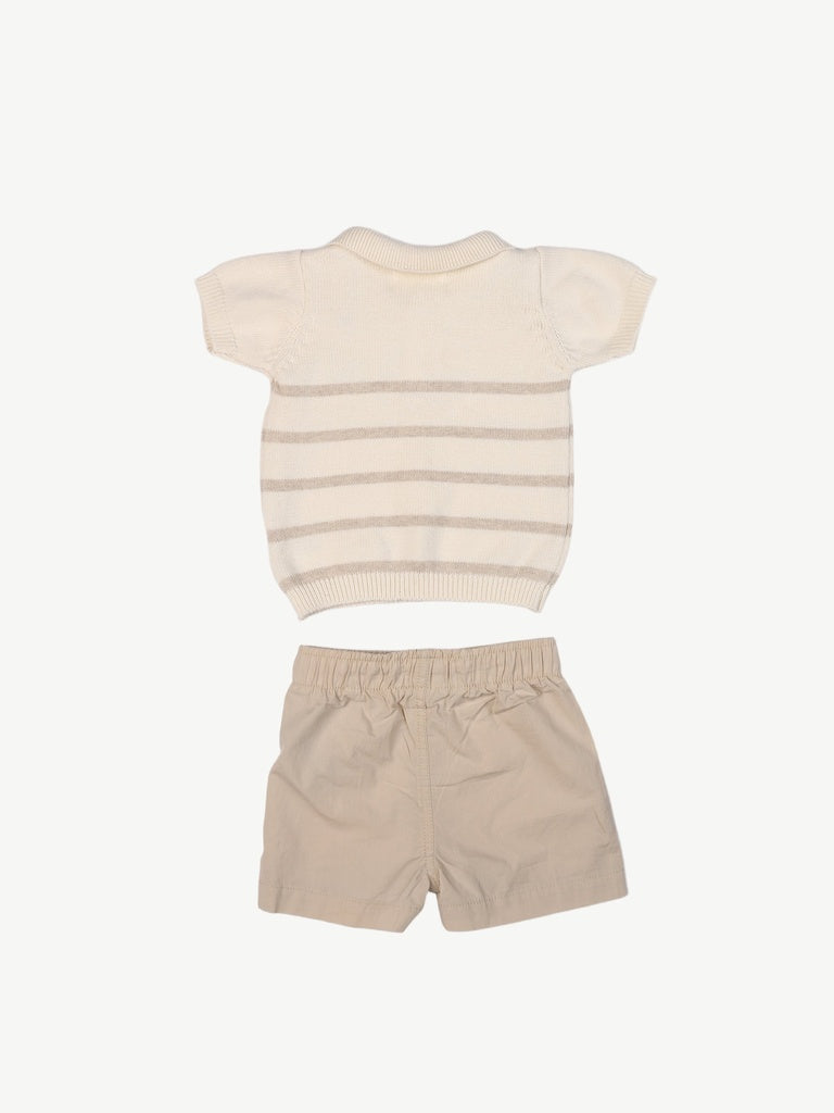 HOP Baby Boys Beige Striped Cotton Polo T-Shirt and Shorts Set