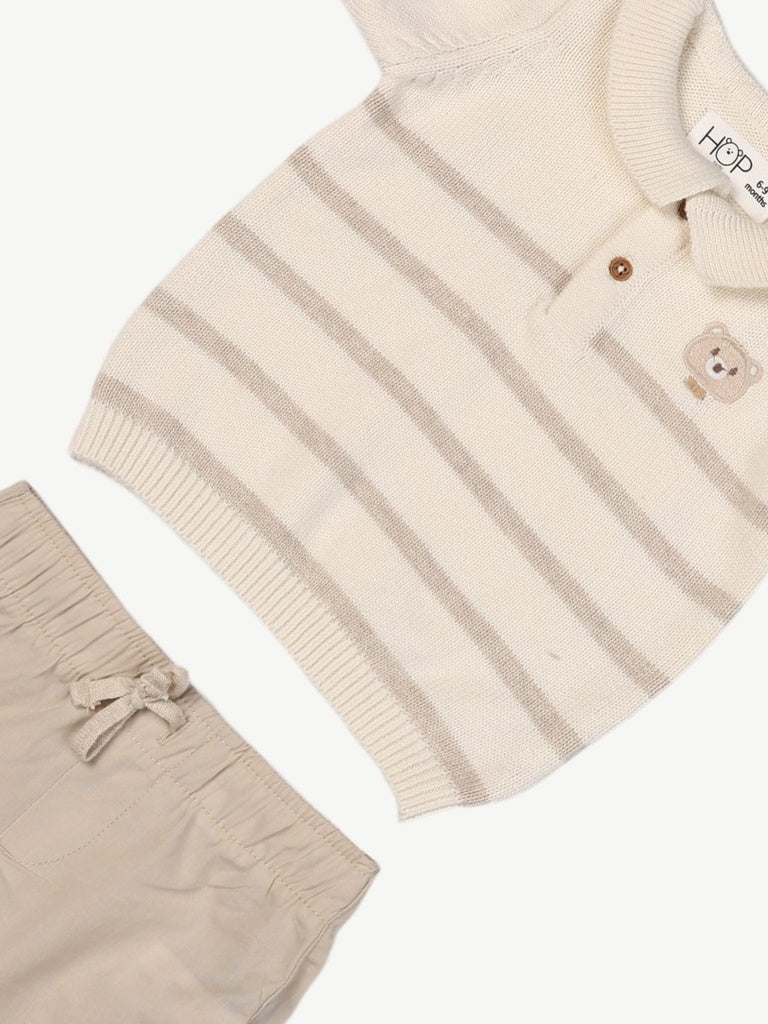 HOP Baby Boys Beige Striped Cotton Polo T-Shirt and Shorts Set