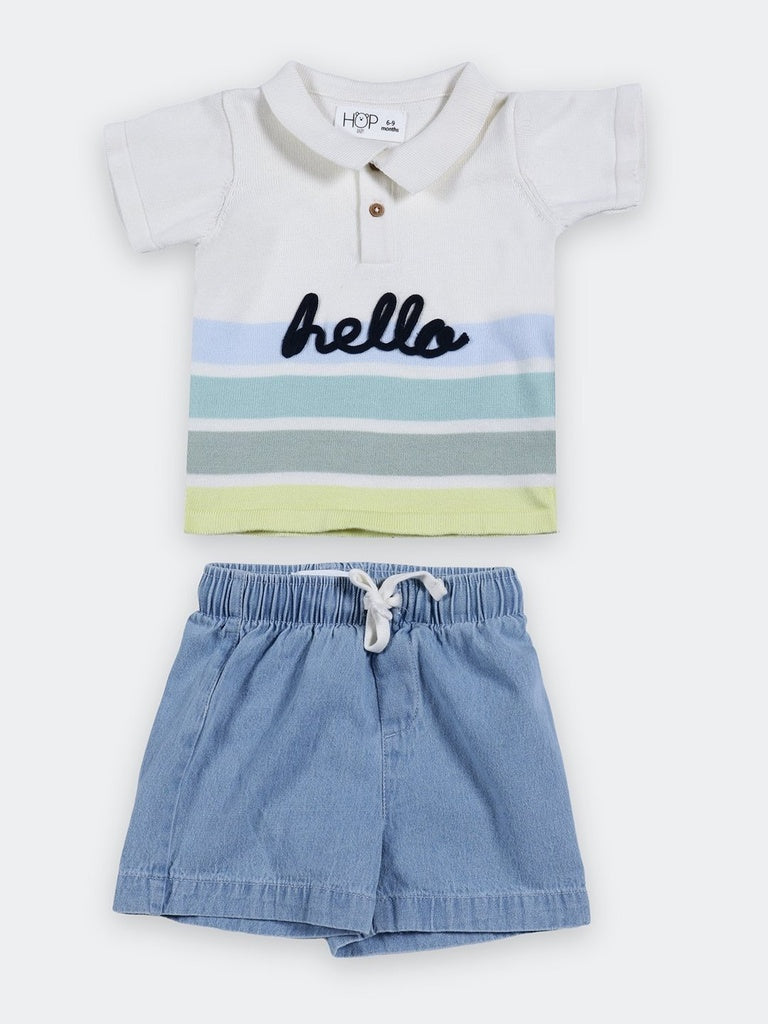 HOP Baby Boys White Striped Cotton T-Shirt and Shorts Set