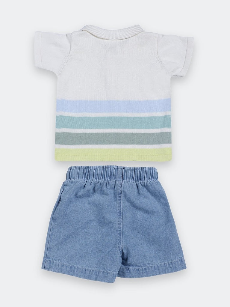 HOP Baby Boys White Striped Cotton T-Shirt and Shorts Set
