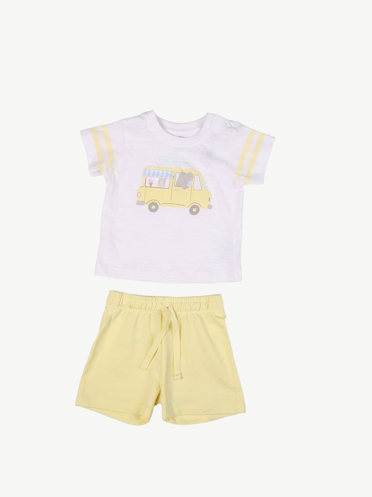 HOP Baby Boys White Printed Cotton T-Shirt and Shorts Set