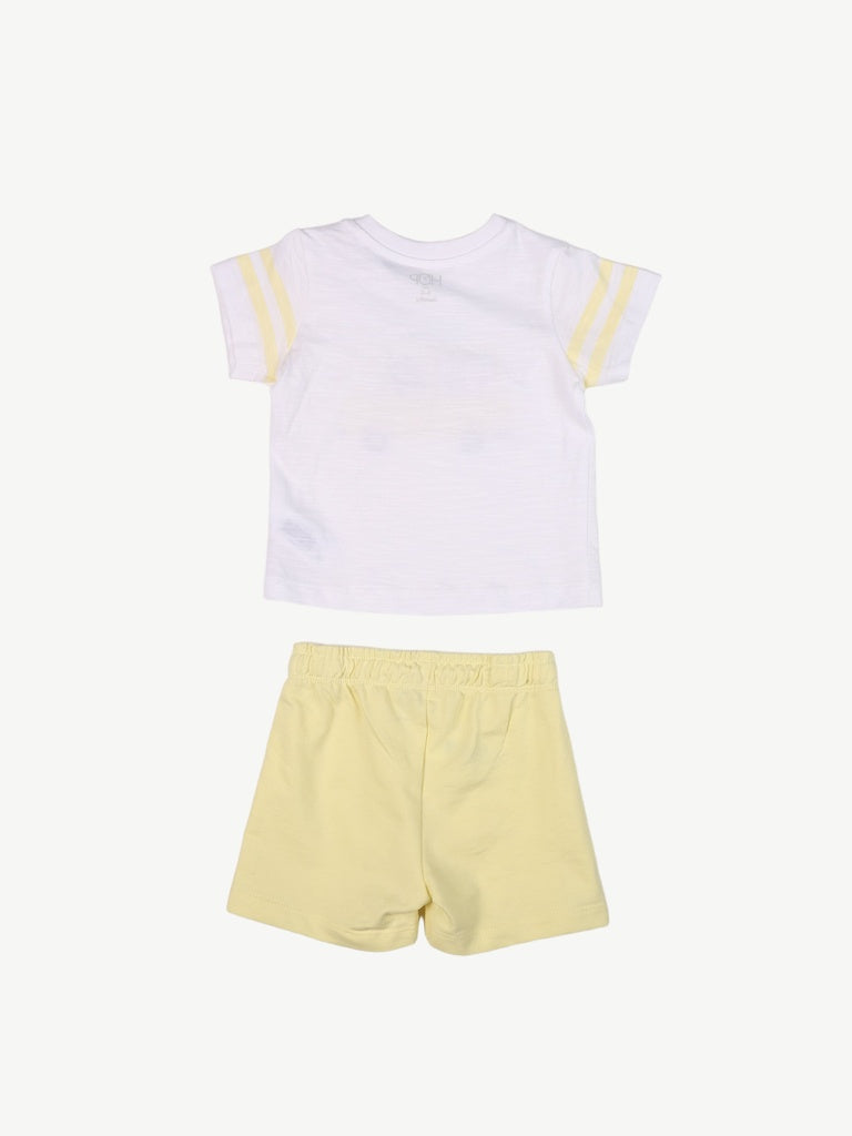 HOP Baby Boys White Printed Cotton T-Shirt and Shorts Set