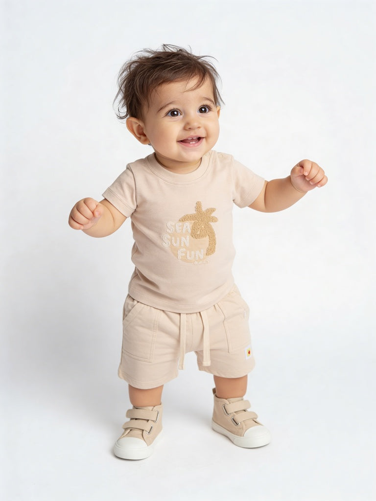 HOP Baby Boys Beige Printed Cotton T-Shirt and Shorts Set