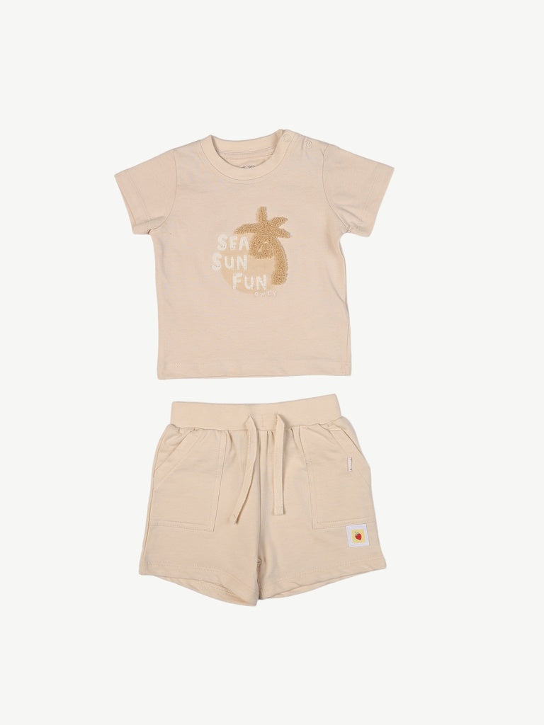 HOP Baby Boys Beige Printed Cotton T-Shirt and Shorts Set