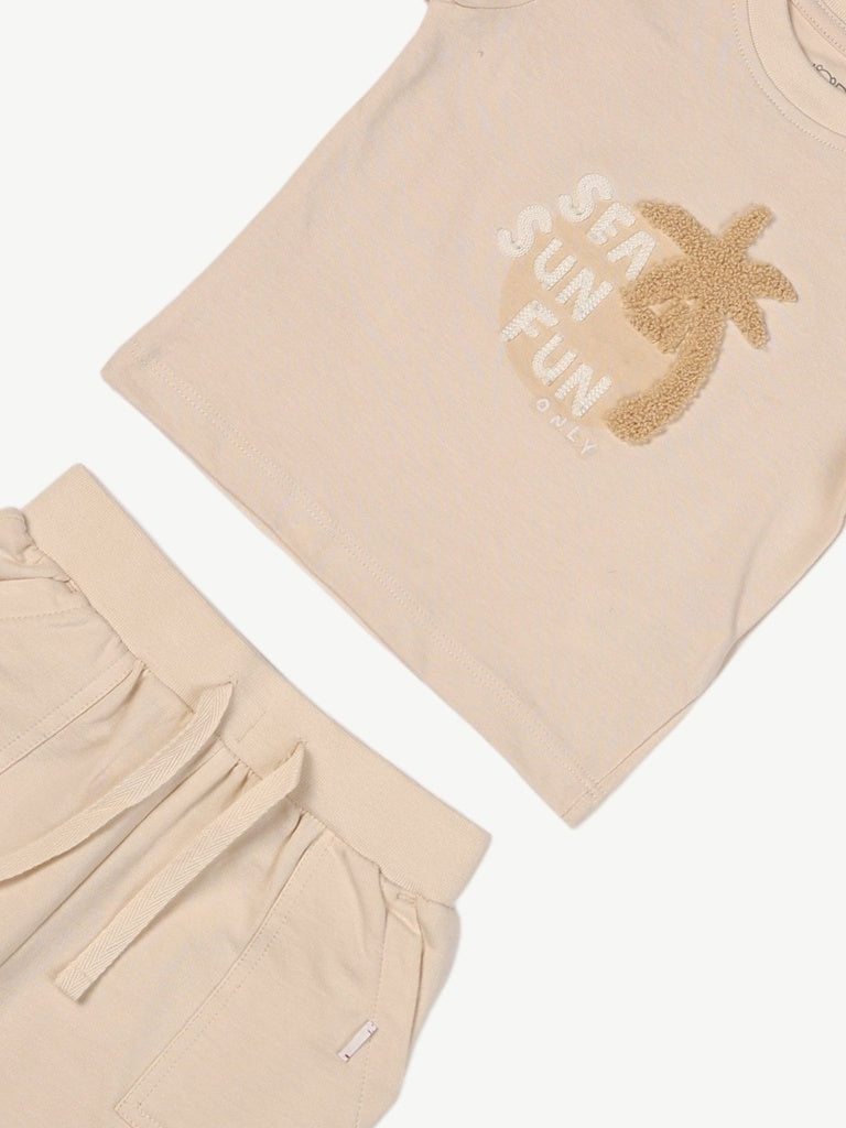 HOP Baby Boys Beige Printed Cotton T-Shirt and Shorts Set