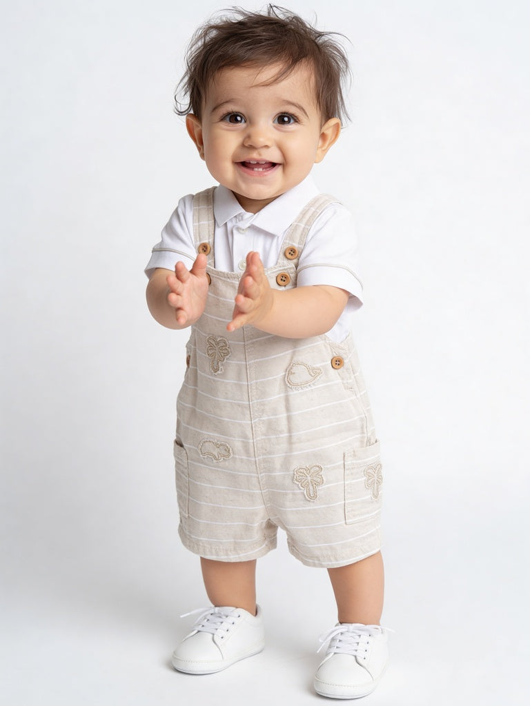 HOP Baby Boys Taupe Striped Cotton-Blend Dungaree Set