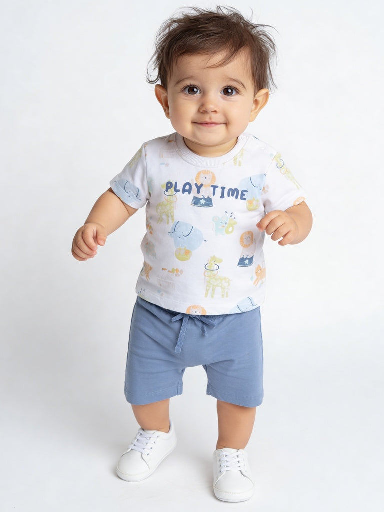 HOP Baby Boys Multicolor Animal Printed Cotton T-Shirt and Shorts Set