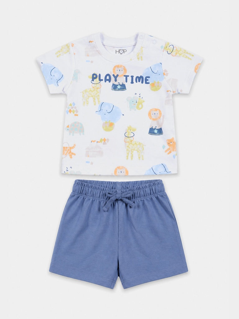 HOP Baby Boys Multicolor Animal Printed Cotton T-Shirt and Shorts Set