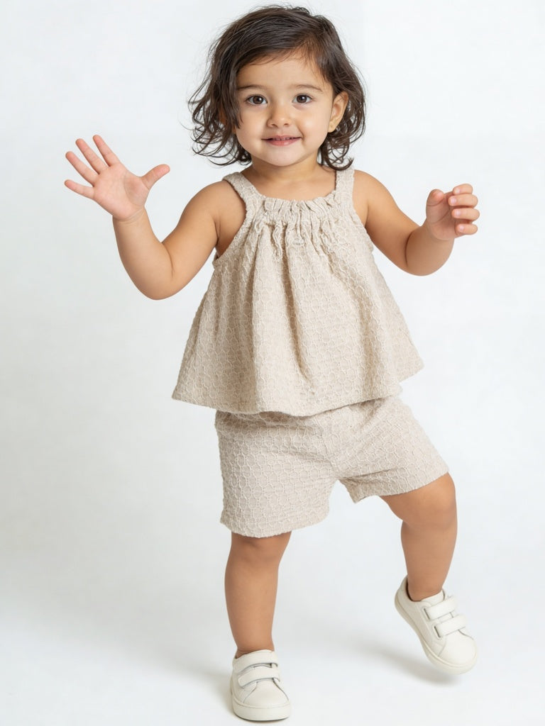 HOP Baby Girls Beige Textured Cotton Top and Shorts Set