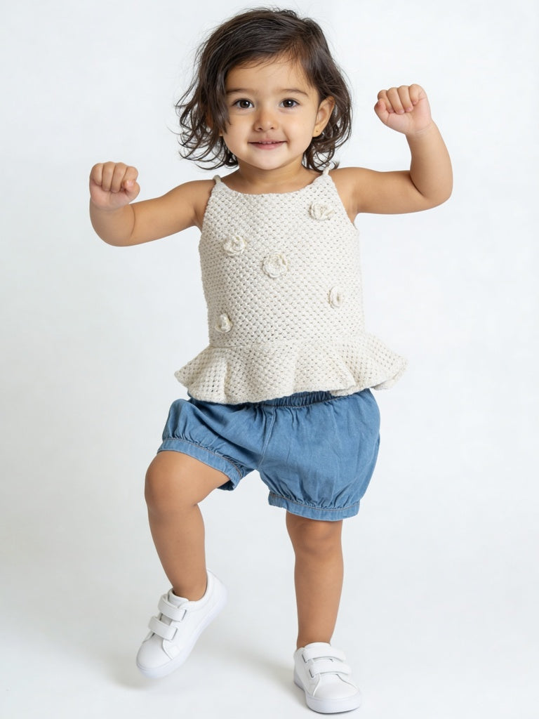 HOP Baby Girls White Crochet Peplum Top and Denim Shorts Set