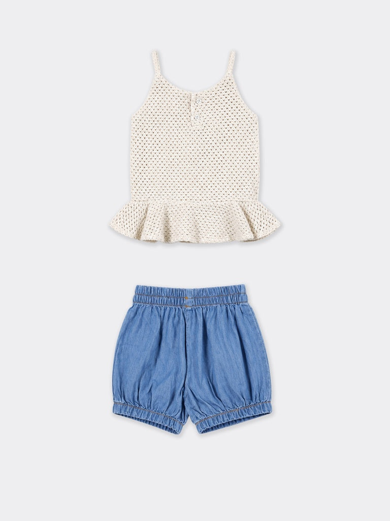 HOP Baby Girls White Crochet Peplum Top and Denim Shorts Set