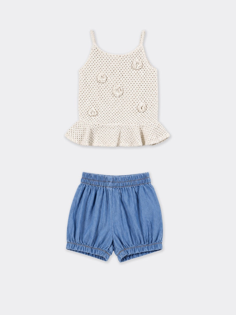 HOP Baby Girls White Crochet Peplum Top and Denim Shorts Set