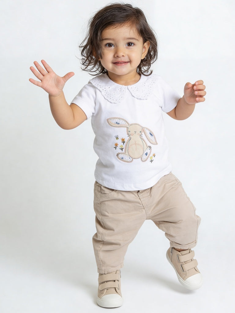 HOP Baby Girls White Rabbit Printed Cotton-Blend Top and Pants Set