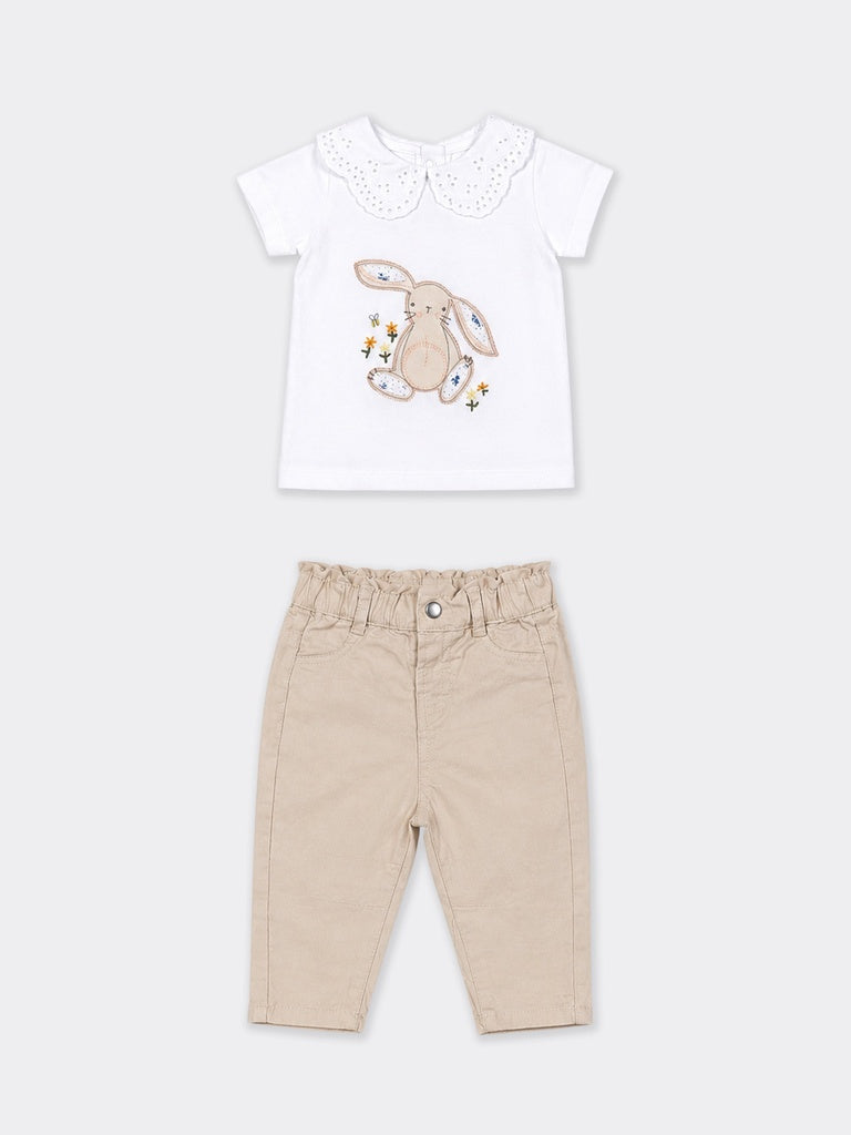 HOP Baby Girls White Rabbit Printed Cotton-Blend Top and Pants Set