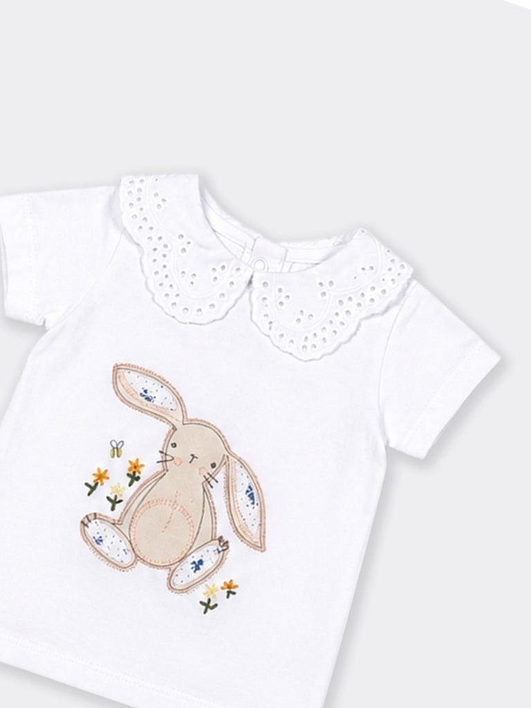 HOP Baby Girls White Rabbit Printed Cotton-Blend Top and Pants Set
