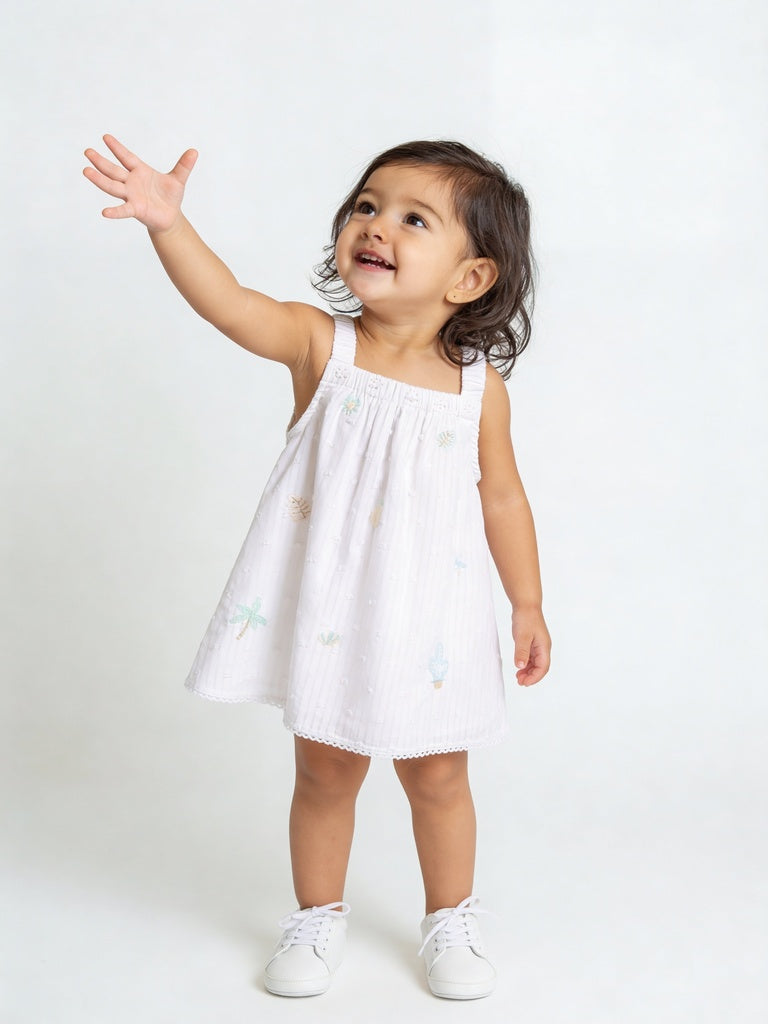 HOP Baby Girls White Embroidered Cotton Dress