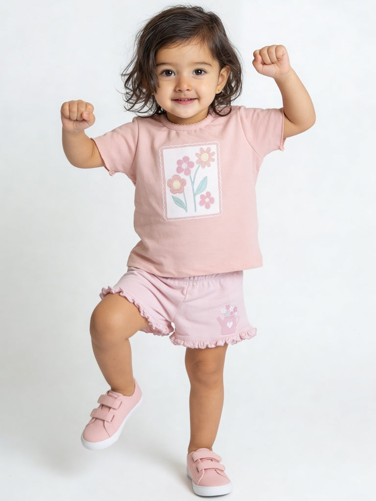 HOP Baby Girls Multicolour Floral Regular Fit Cotton-Blend T-Shirt Set - Pack of 2