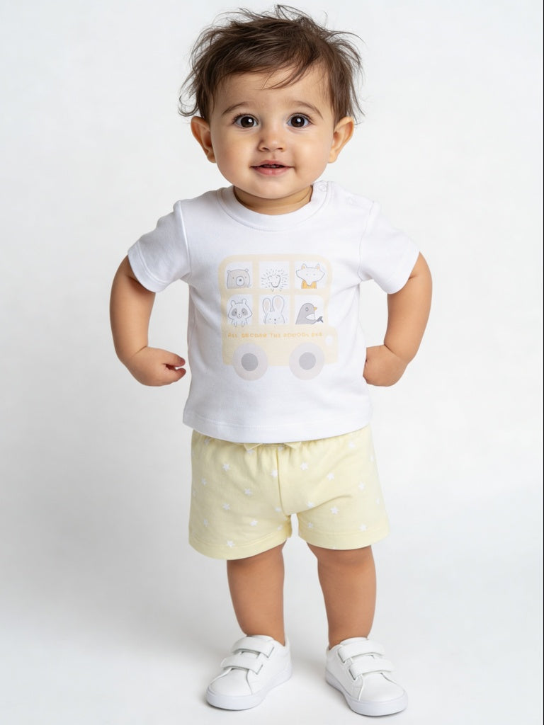 HOP Baby Girls White and Yellow Printed Cotton T-Shirt and Shorts Set