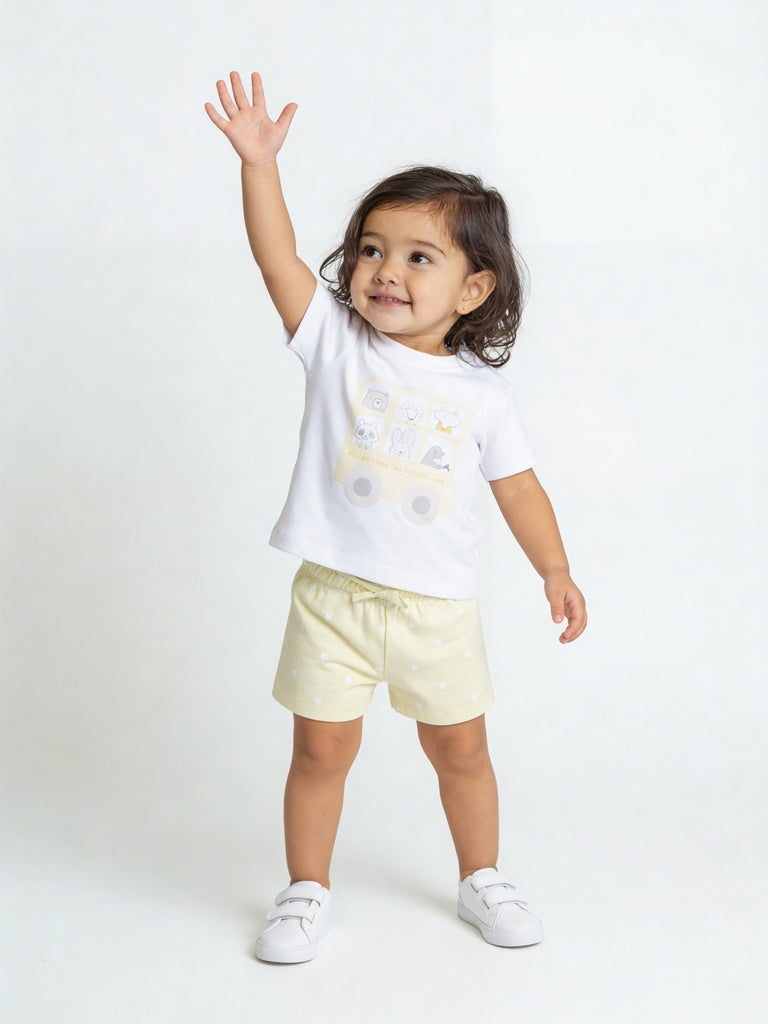 HOP Baby Girls White and Yellow Printed Cotton T-Shirt and Shorts Set