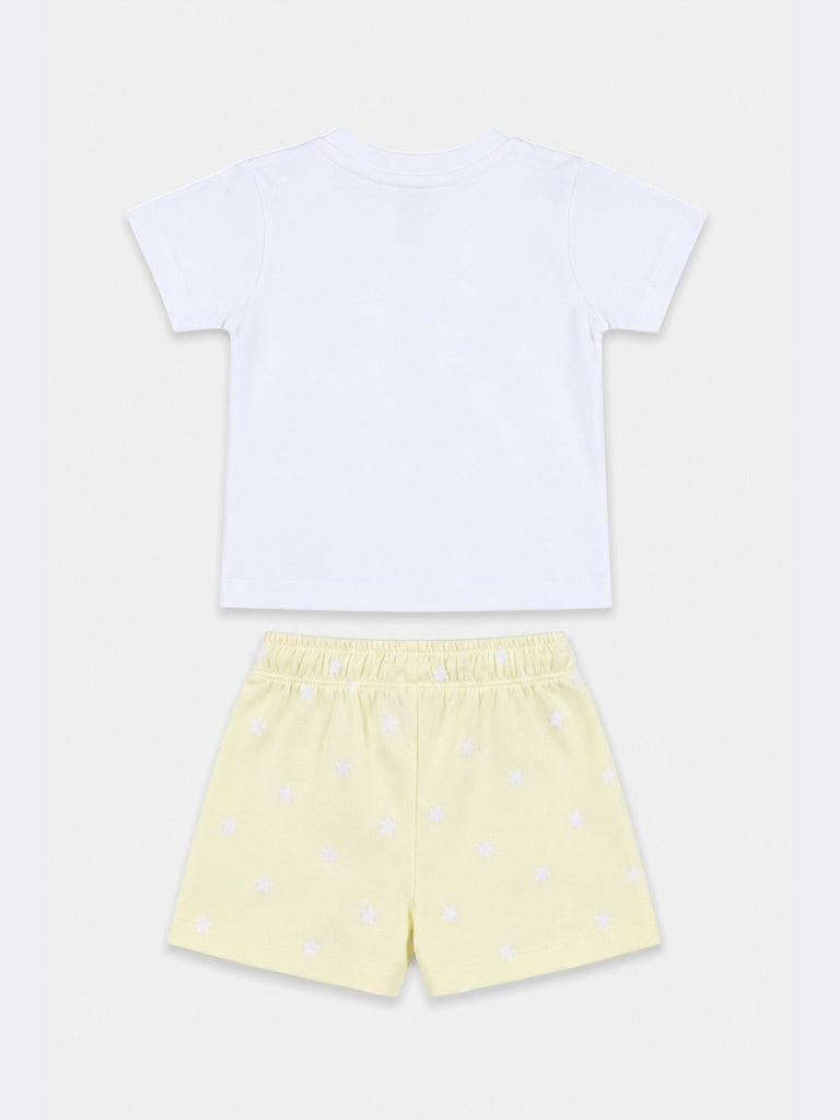 HOP Baby Girls White and Yellow Printed Cotton T-Shirt and Shorts Set