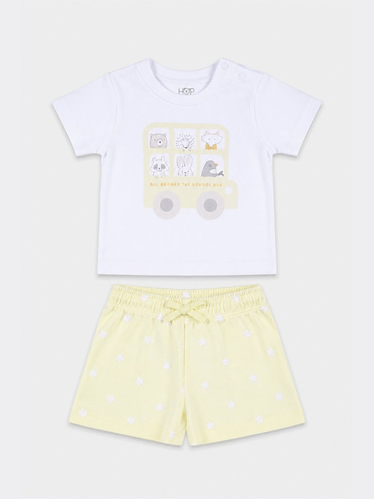 HOP Baby Girls White and Yellow Printed Cotton T-Shirt and Shorts Set