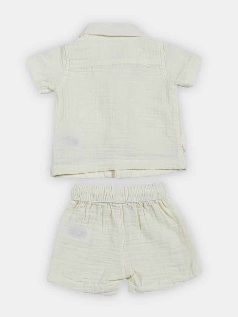 HOP Baby Boys Yellow Embroidered Cotton Shirt and Shorts Set