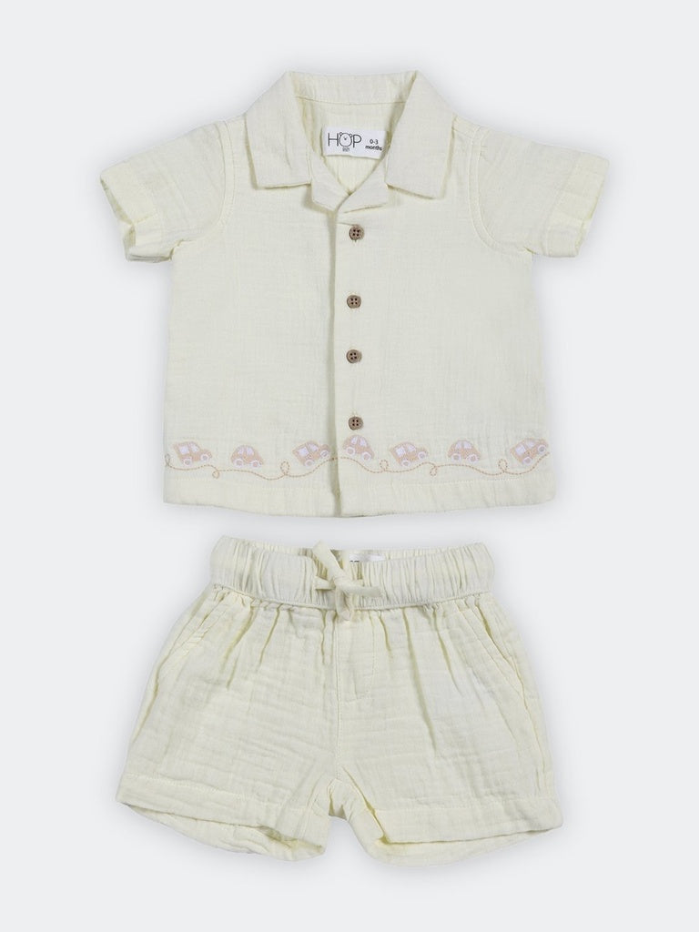 HOP Baby Boys Yellow Embroidered Cotton Shirt and Shorts Set
