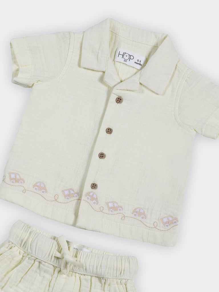 HOP Baby Boys Yellow Embroidered Cotton Shirt and Shorts Set
