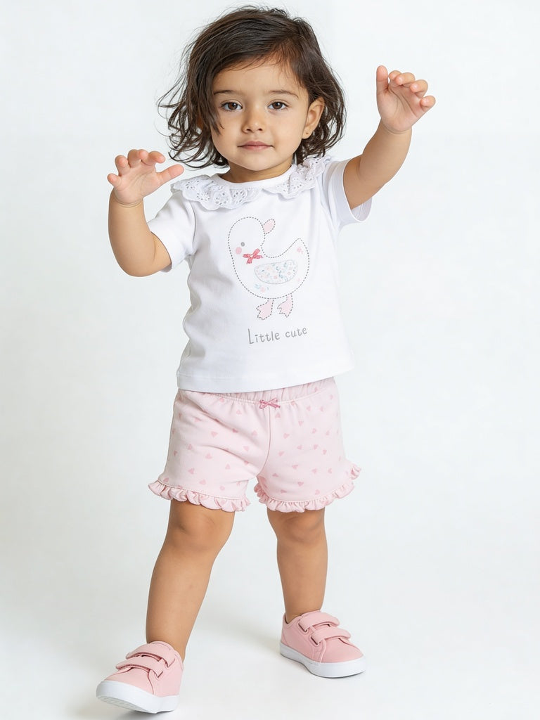 HOP Baby Girls Pink and White Cotton Top and Shorts Set