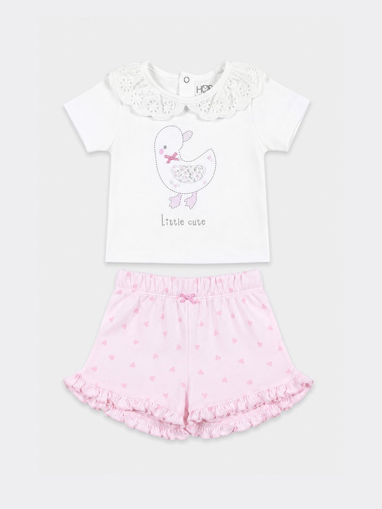 HOP Baby Girls Pink and White Cotton Top and Shorts Set