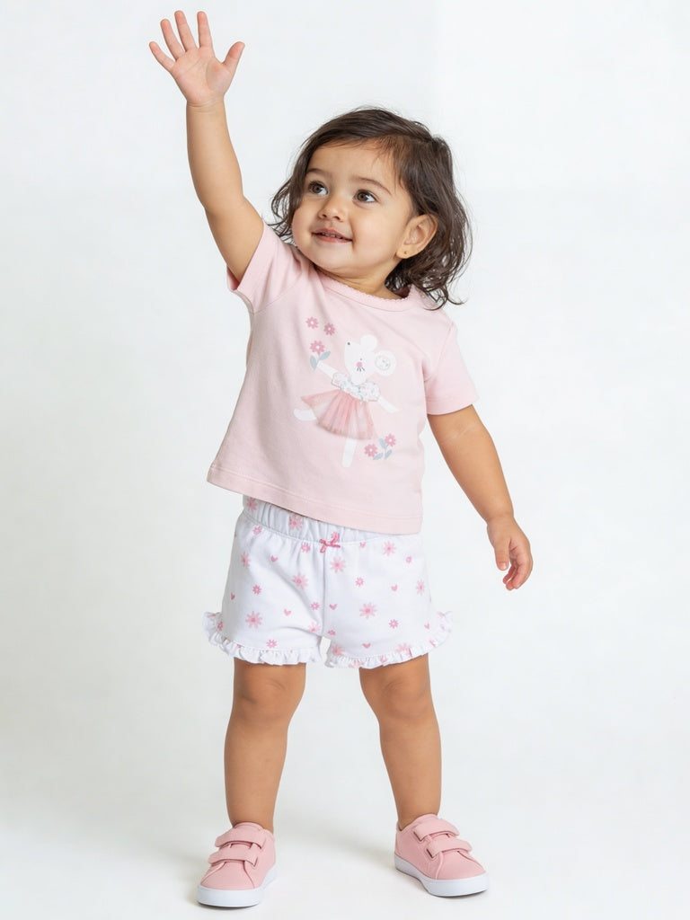 HOP Baby Girls Pink Cotton Top and Shorts Set
