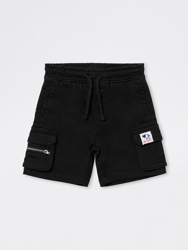 HOP Kids Boys Black Cargo-Style Mid-Rise Denim Shorts