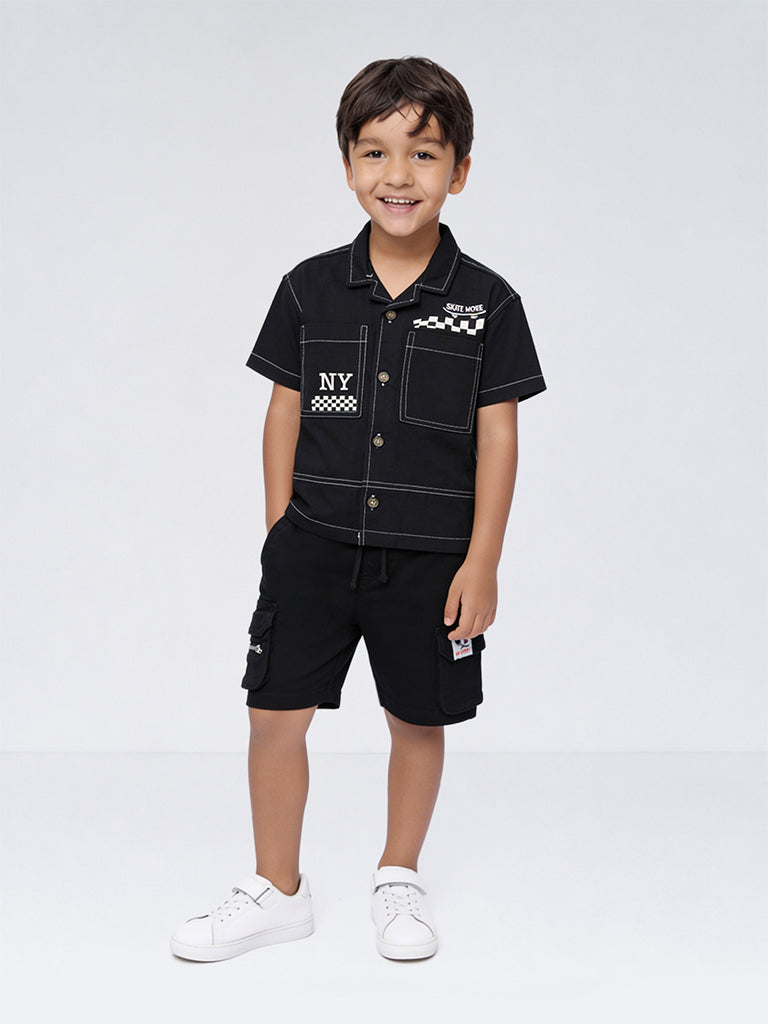 HOP Kids Boys Black Cargo-Style Mid-Rise Denim Shorts
