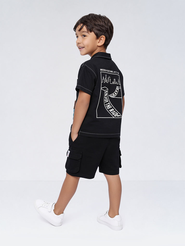 HOP Kids Boys Black Cargo-Style Mid-Rise Denim Shorts