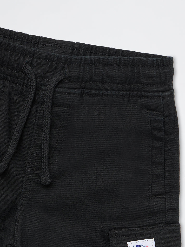 HOP Kids Boys Black Cargo-Style Mid-Rise Denim Shorts