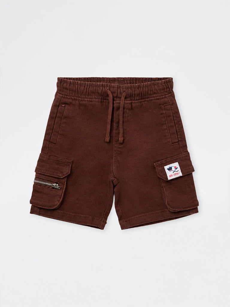 HOP Kids Boys Brown Cargo-Style Mid-Rise Denim Shorts
