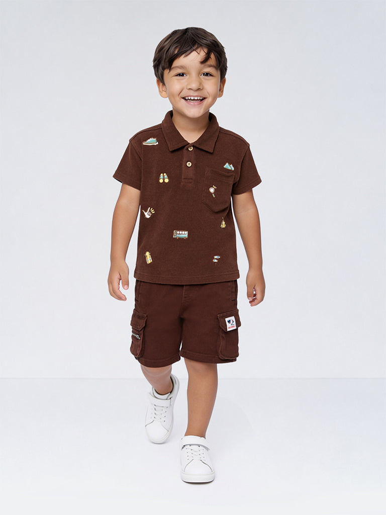 HOP Kids Boys Brown Cargo-Style Mid-Rise Denim Shorts