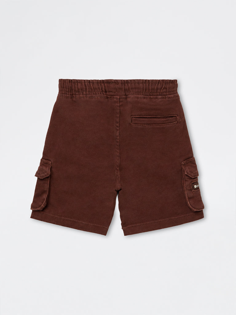 HOP Kids Boys Brown Cargo-Style Mid-Rise Denim Shorts