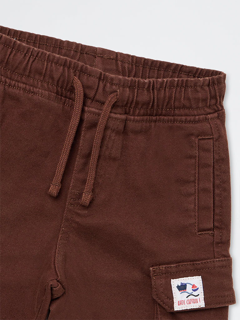 HOP Kids Boys Brown Cargo-Style Mid-Rise Denim Shorts