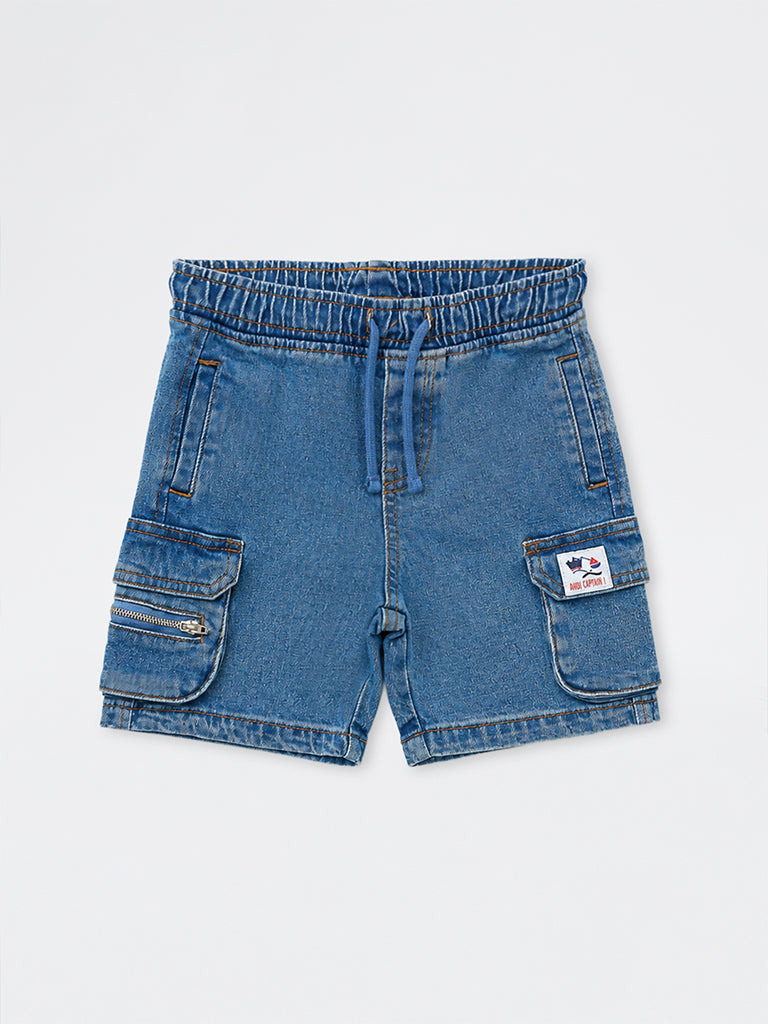 HOP Kids Boys Blue Cargo-Style Mid-Rise Denim Shorts