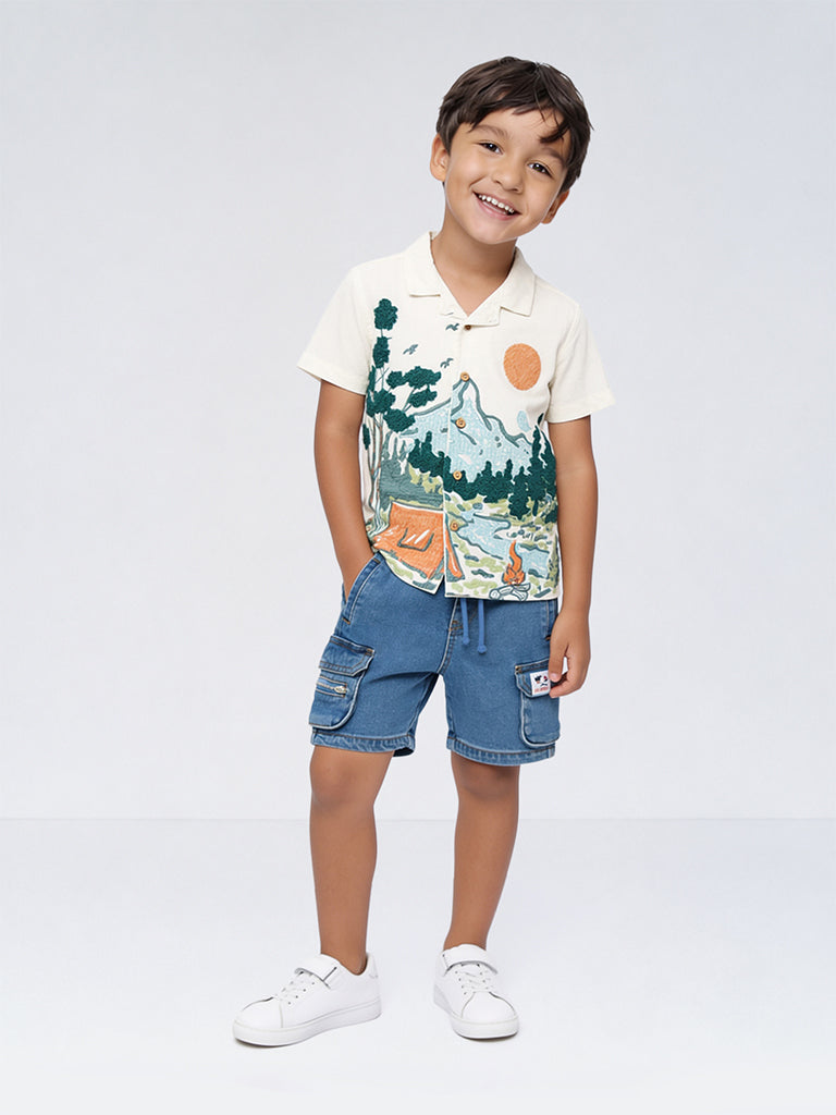 HOP Kids Boys Blue Cargo-Style Mid-Rise Denim Shorts