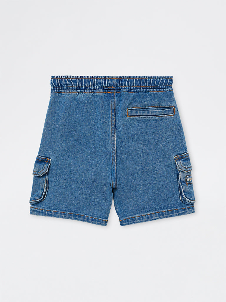 HOP Kids Boys Blue Cargo-Style Mid-Rise Denim Shorts