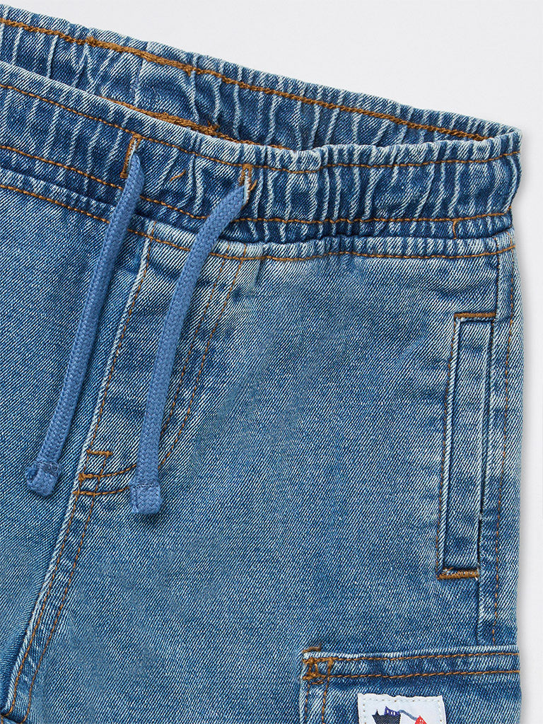 HOP Kids Boys Blue Cargo-Style Mid-Rise Denim Shorts