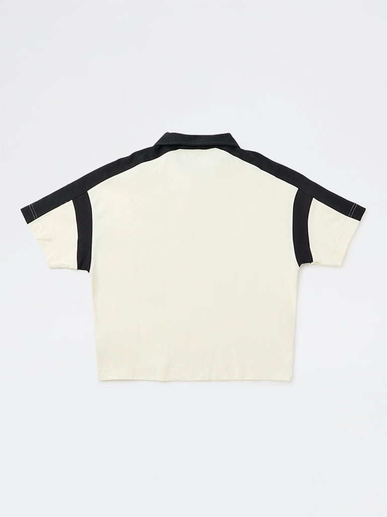 Boys Cream Text Printed Cotton T-Shirt