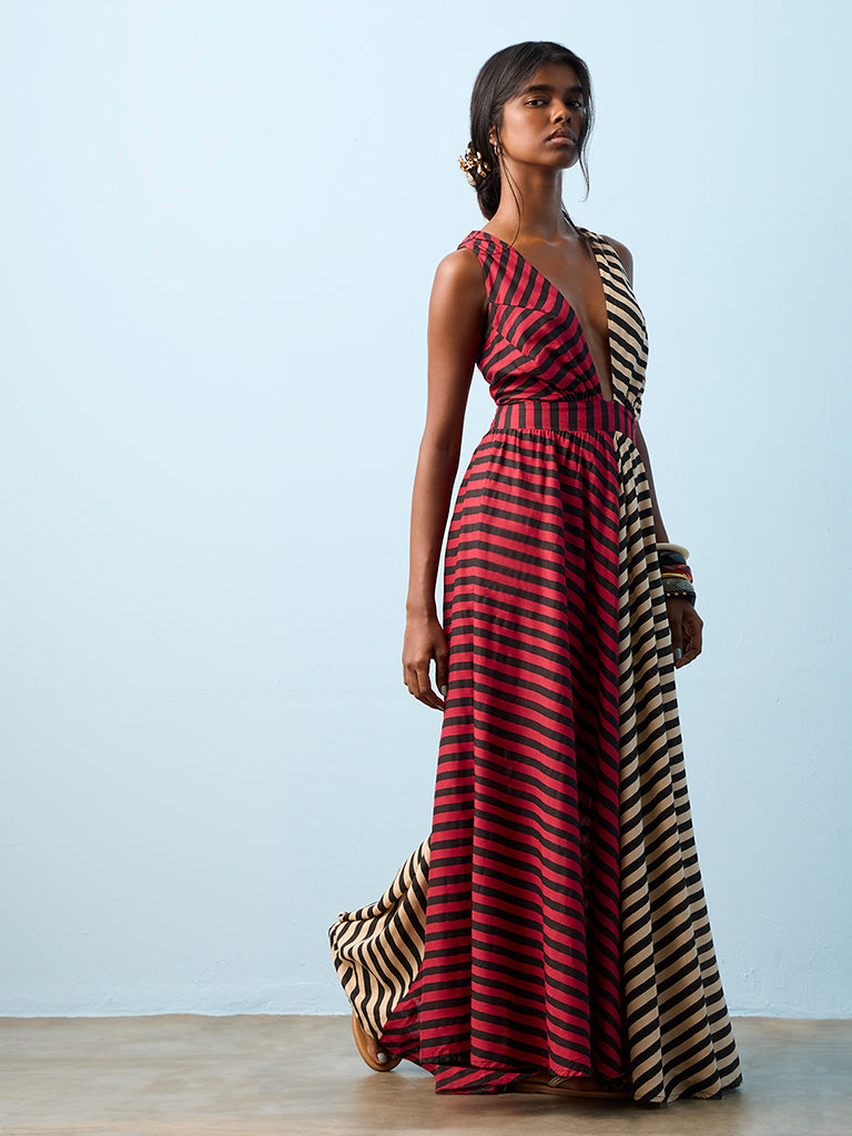 Buy Bombay Paisley Red Striped Maxi A-Line Dress from Westside