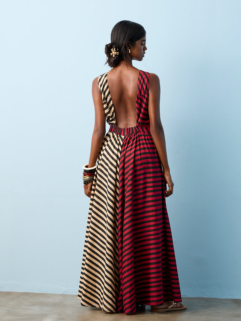 Buy Bombay Paisley Red Striped Maxi A-Line Dress from Westside