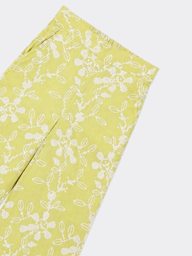 Utsa Kids Girls Lime Green Floral Cotton Wide Leg Pants - (2-8 yrs)