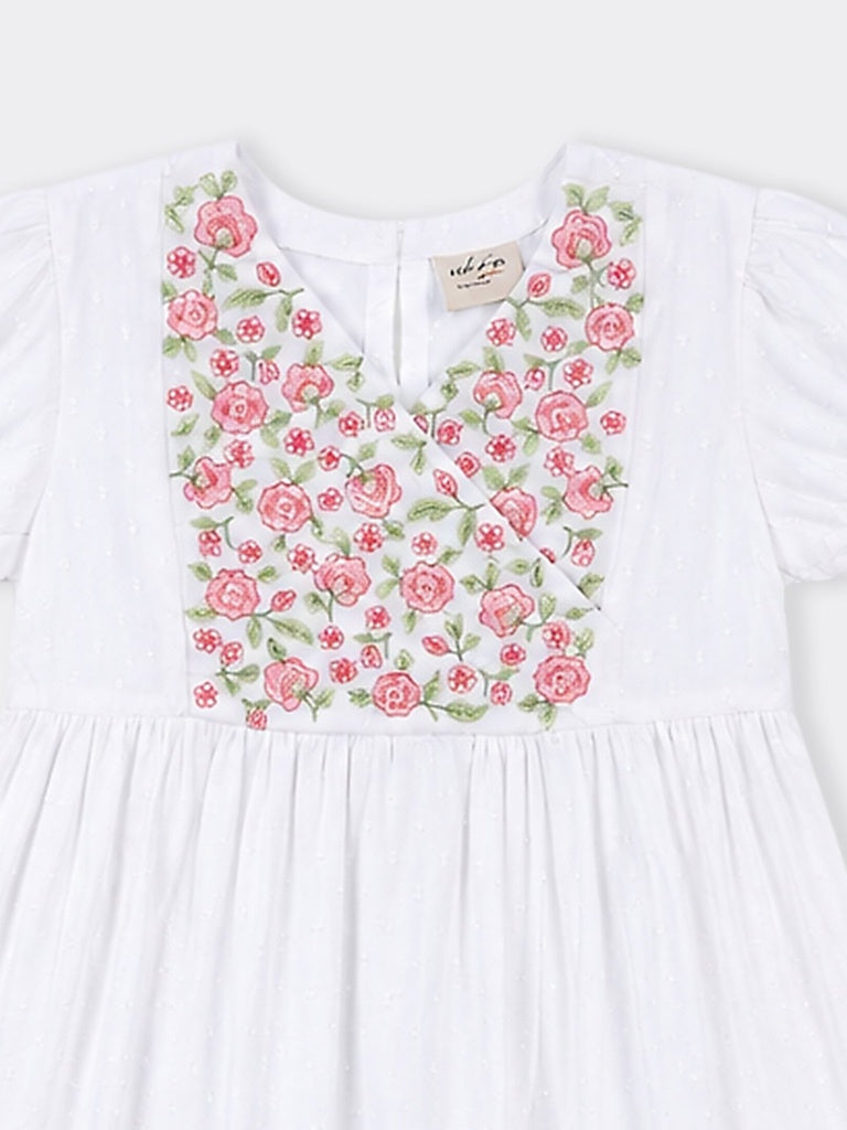 Utsa Kids Girls White Floral Embroidered Cotton-Blend Tiered Dress - (2-8 yrs)