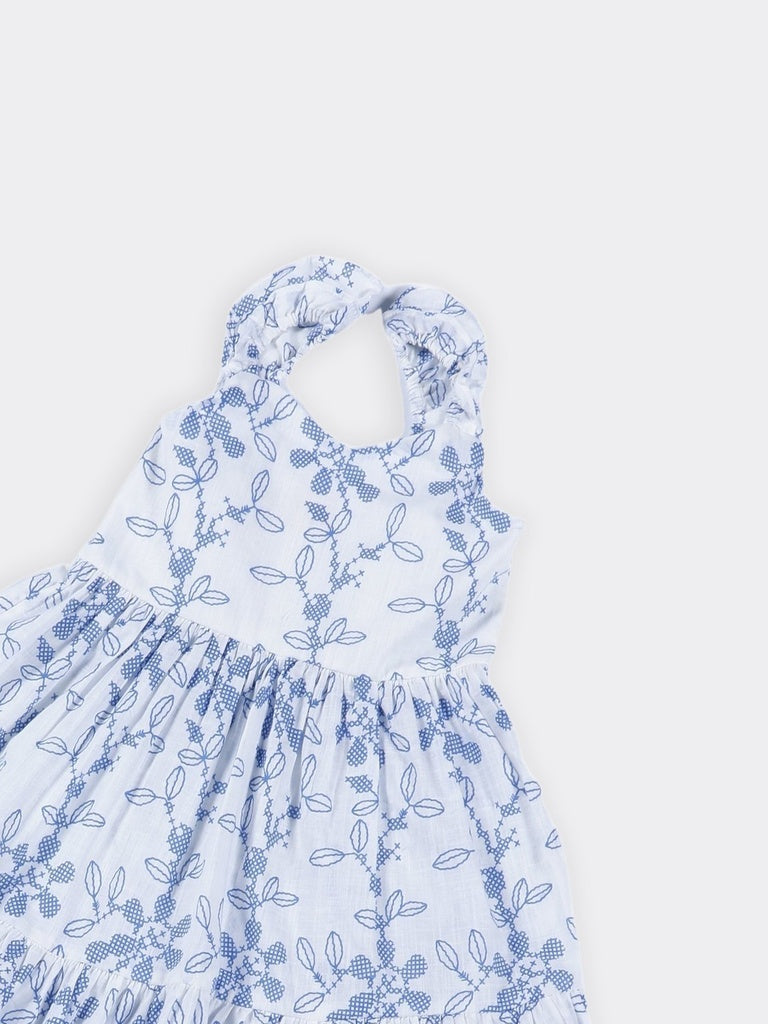 Utsa Kids Girls White Blue Embroidered Cotton Fit and Flare Dress - (2-8 yrs)