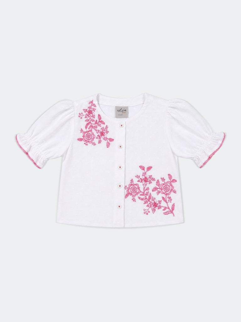 Utsa Kids Girls White Floral Embroidered Cotton-Blend Top - (2-8 yrs)